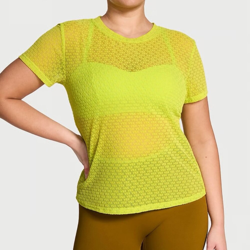 Victoria's Secret VSX Velvet Logo Mesh Shirt Burnout Festival Neon